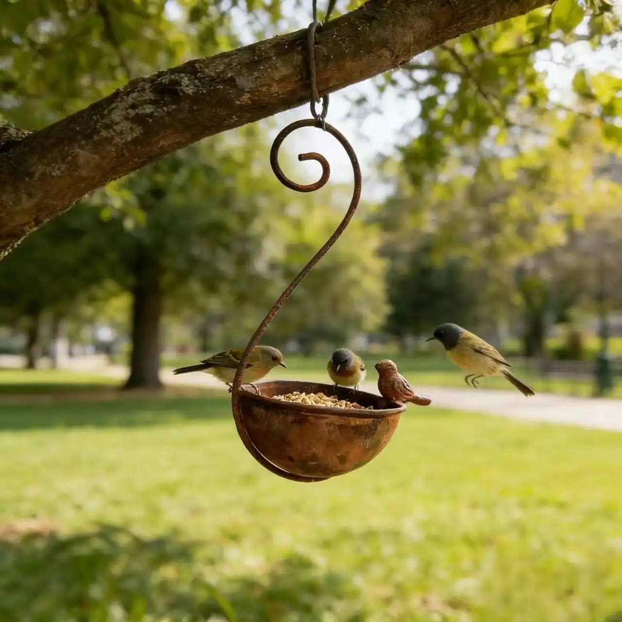 Mangeoire suspendue en fer forgé rouillé pour le jardin – Image 3