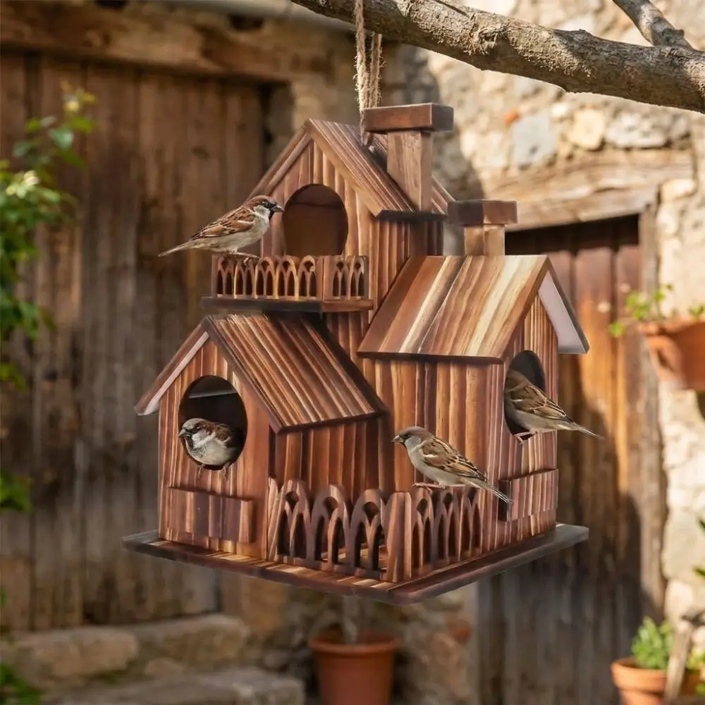 Nichoir en bois multi-trous pour oiseaux du jardin, usage extérieur – Image 4