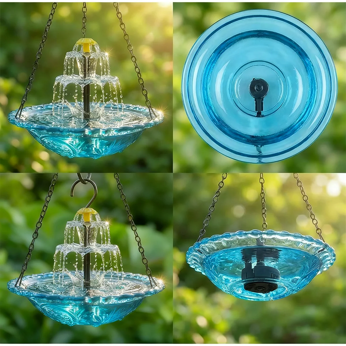 Fontaine à oiseaux suspendue avec bol en verre et pompe – Image 2
