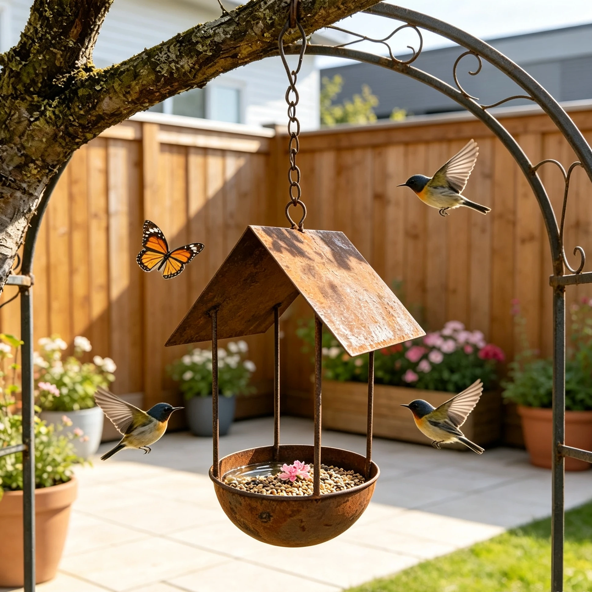 Mangeoire suspendue en fer rouillé avec abri et bol intégré pour oiseaux du jardin – Image 3