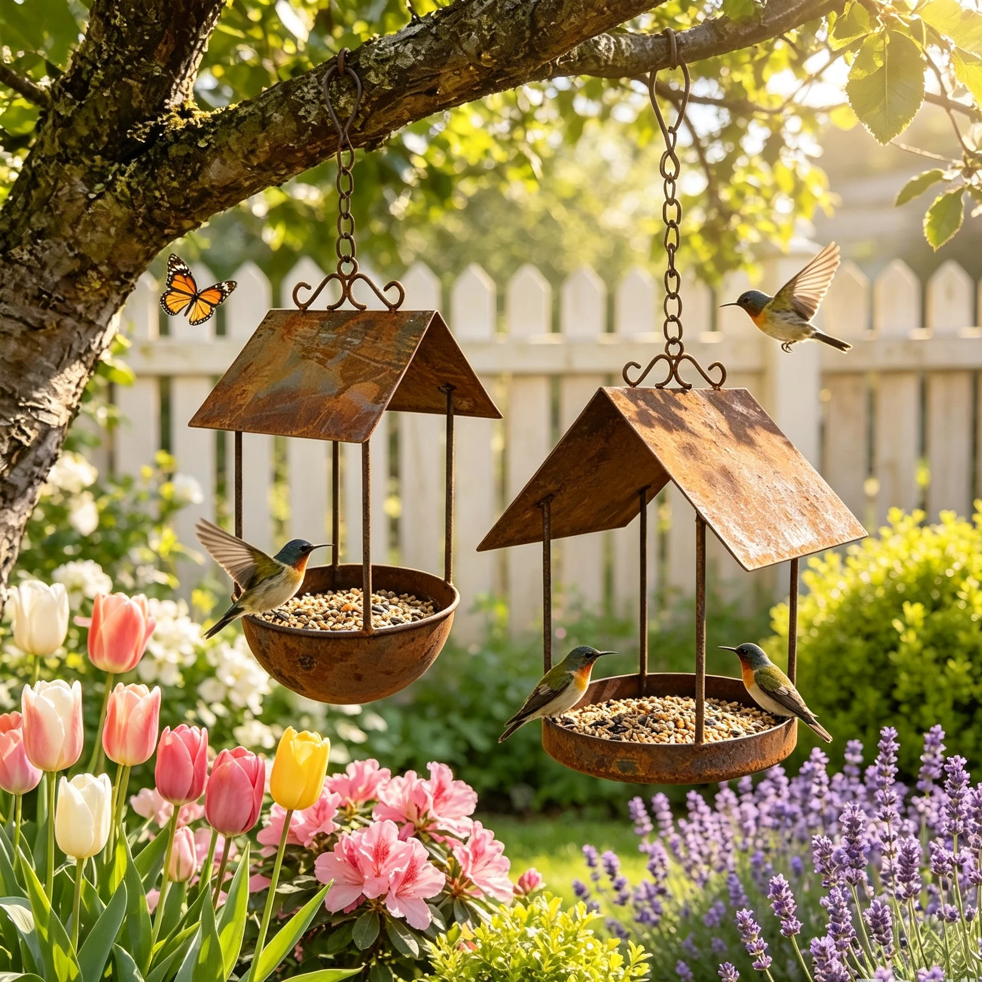Mangeoire suspendue en fer rouillé avec abri et bol intégré pour oiseaux du jardin – Image 2