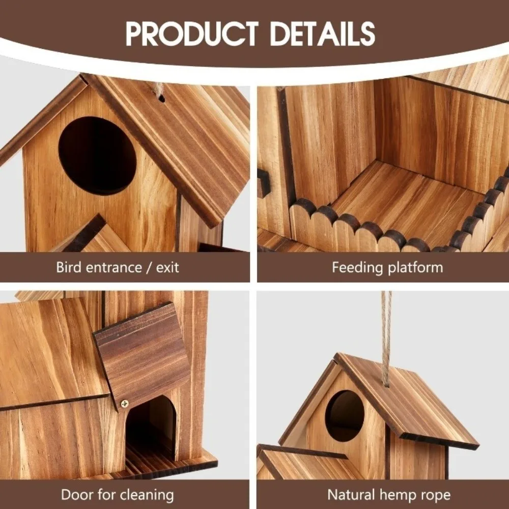 Nichoir en bois à 3 compartiments avec toit épaissi pour oiseaux du jardin – Image 3