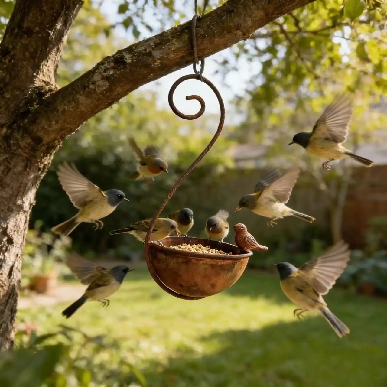 Mangeoire suspendue en fer forgé rouillé pour le jardin