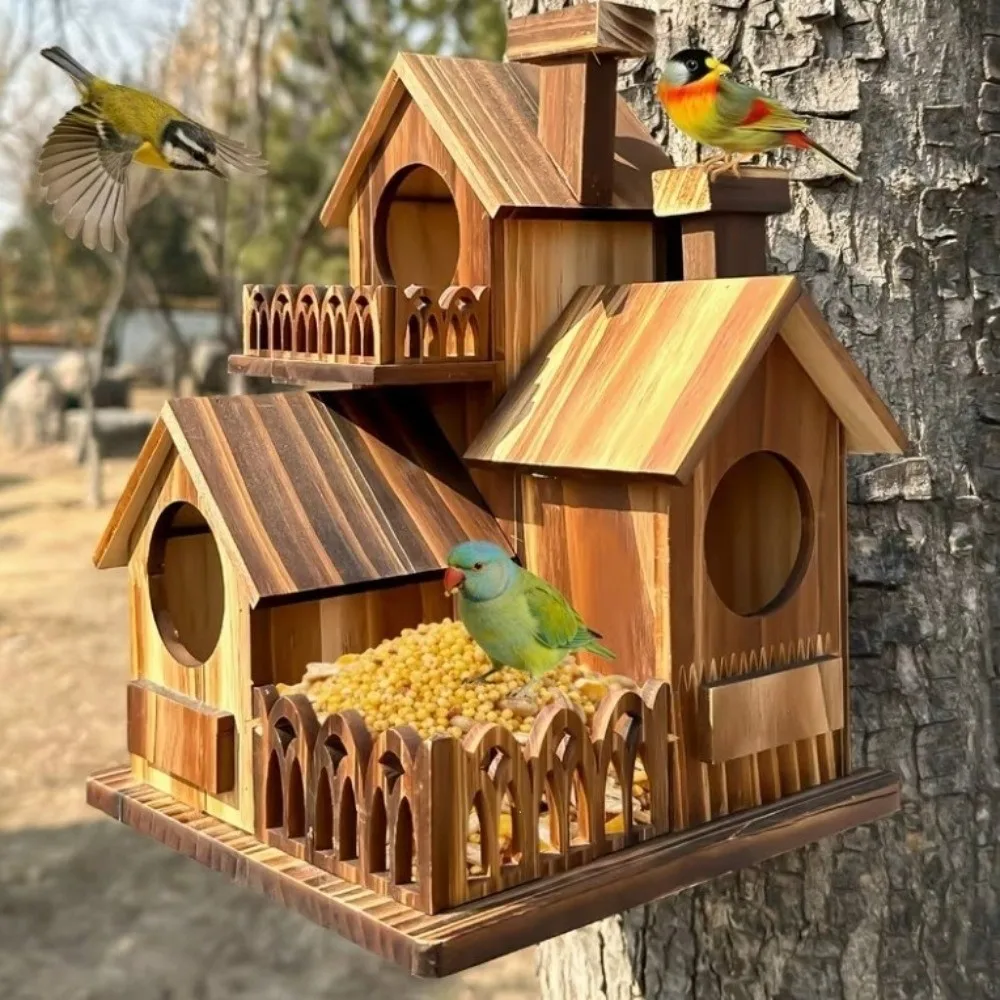 Nichoir en bois multi-trous pour oiseaux du jardin, usage extérieur – Image 3
