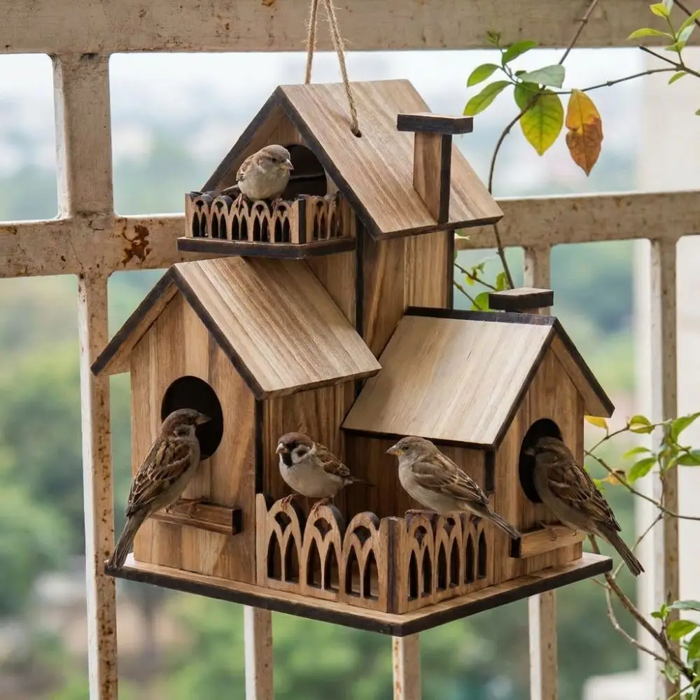 Nichoir en bois avec mangeoire intégrée pour oiseaux du jardin – Image 3