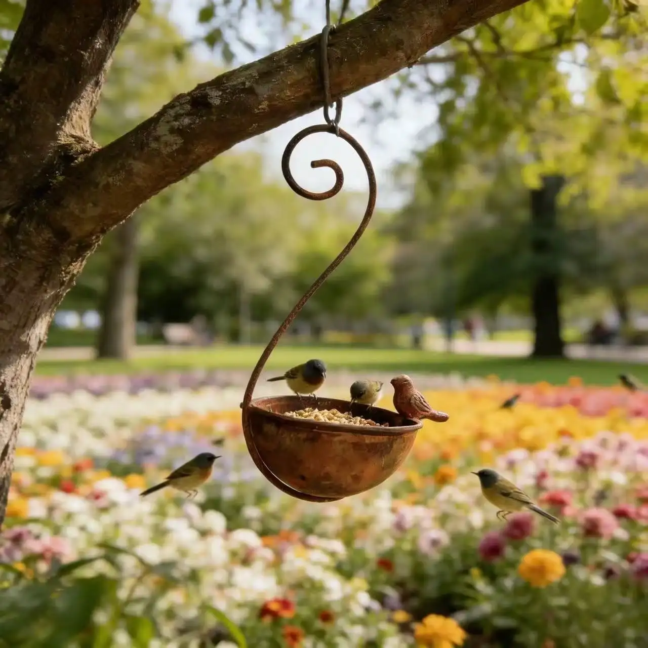 Mangeoire suspendue en fer forgé rouillé pour le jardin – Image 2
