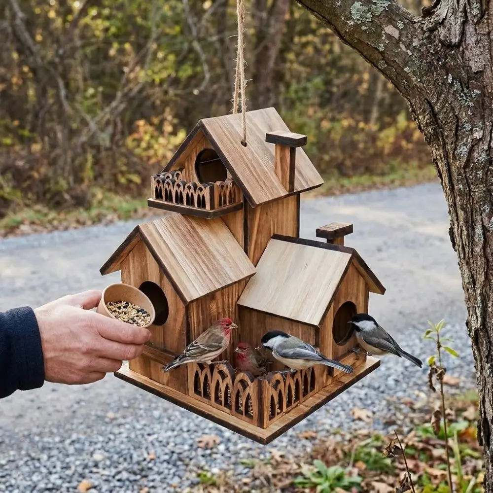 Nichoir en bois avec mangeoire intégrée pour oiseaux du jardin – Image 4