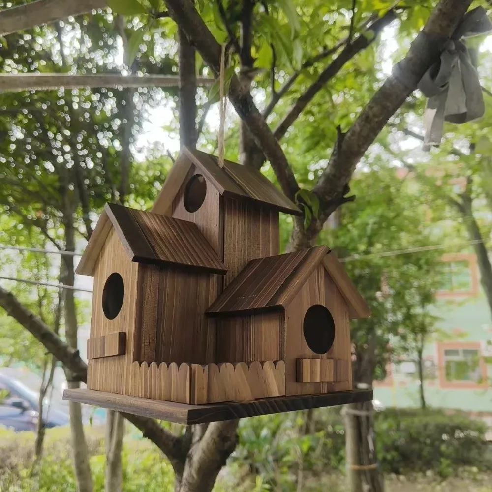 Nichoir en bois à 3 compartiments avec toit épaissi pour oiseaux du jardin – Image 4