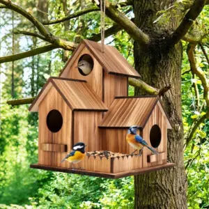 Nichoir en bois à 3 compartiments avec toit épaissi pour oiseaux du jardin