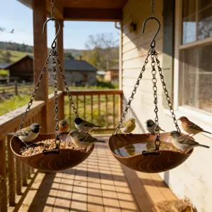 Mangeoire suspendue effet bois avec chaîne en fer