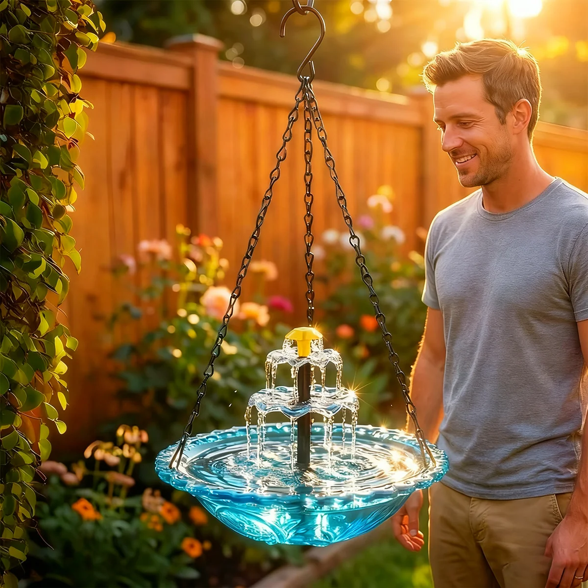 Fontaine à oiseaux suspendue avec bol en verre et pompe – Image 3