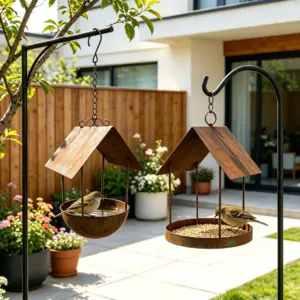 Mangeoire suspendue en fer rouillé avec abri et bol intégré pour oiseaux du jardin