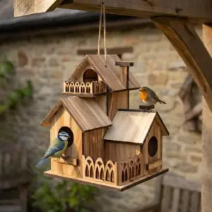 Nichoir en bois avec mangeoire intégrée pour oiseaux du jardin