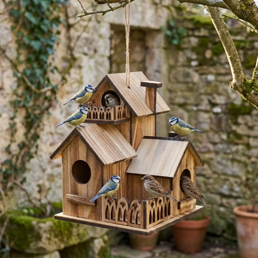Nichoir en bois avec mangeoire intégrée pour oiseaux du jardin – Image 2