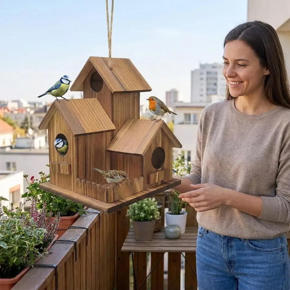 Nichoir en bois à 3 compartiments avec toit épaissi pour oiseaux du jardin – Image 2